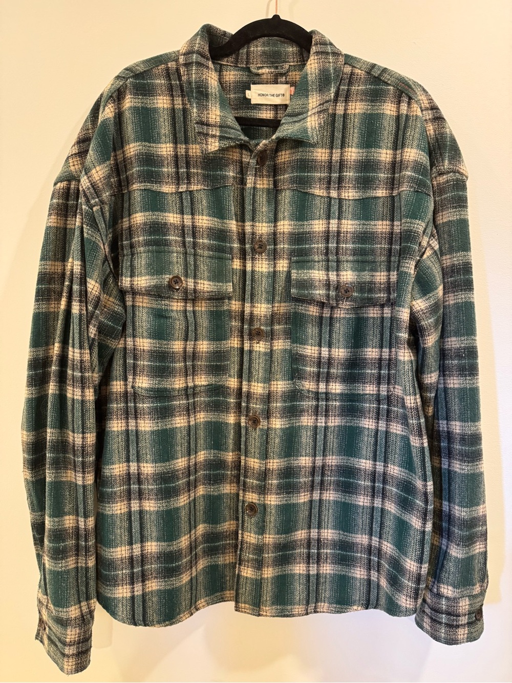 Honour The Gift Textured Plaid Button-Up Shirt Jacket - Green/White L
